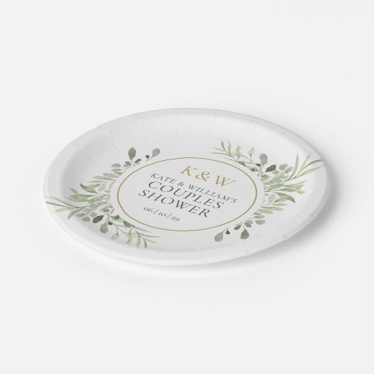Elegante Gouden Monogram Groene Huwelijks Shower Papieren Bordje (Gekanteld)