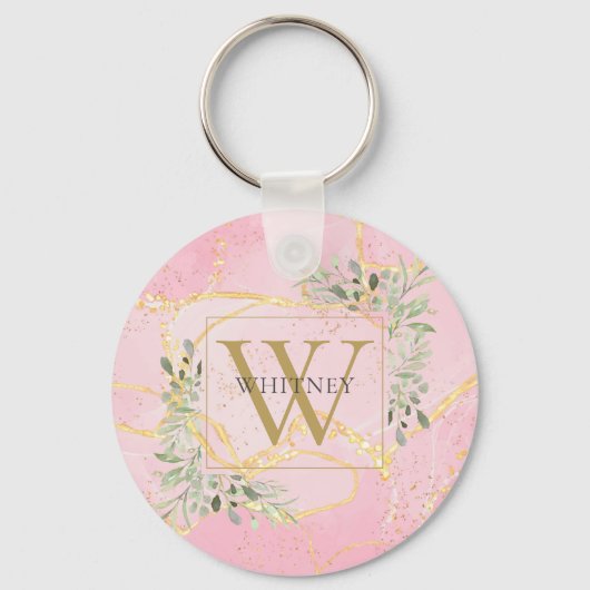Elegante Gouden Monogram Groene Roze Agaat Geode Sleutelhanger (Voorkant)