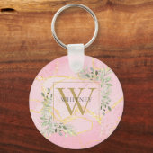 Elegante Gouden Monogram Groene Roze Agaat Geode Sleutelhanger (Voorkant)