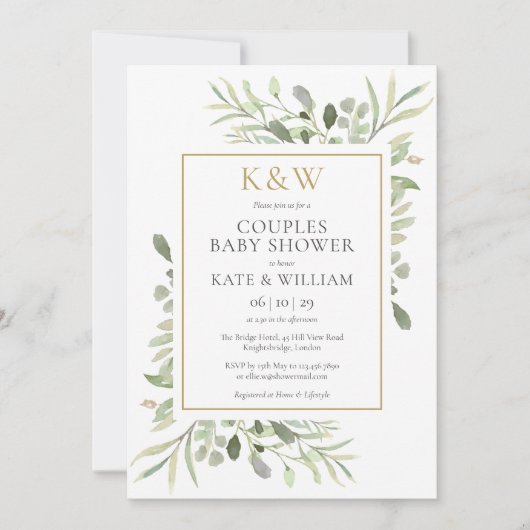 Elegante gouden monogram groenheid koppels baby sh kaart (Voorkant)