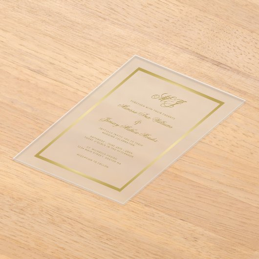 Elegante gouden monogram kalligrafie Lijst bruilof Acryl Uitnodigingen (Laagn)