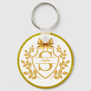 Elegante gouden monogram kam, strik gepersonalisee sleutelhanger