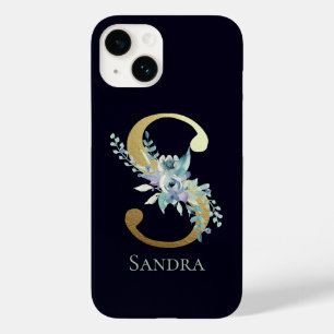 Elegante Gouden Monogram Letter S  Bloemig Blauw N Case-Mate iPhone 14 Hoesje