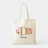 Elegante Gouden Monogram Naam Roze Bloemen Tote Bag (Achterkant)