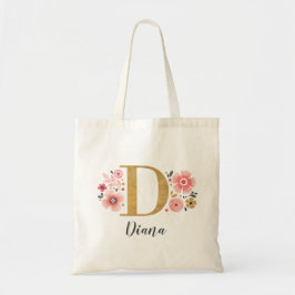 Elegante Gouden Monogram Naam Roze Bloemen Tote Bag