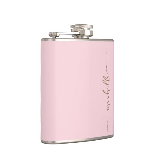 Elegante Gouden Monogram Naam Script Roze Roos Heupfles (Rechts)