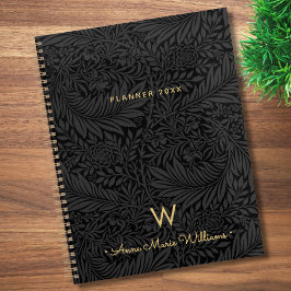 Elegante Gouden Monogram Naam Zwart Bloemmotief 20 Planner