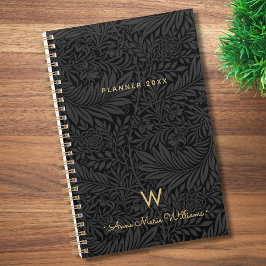 Elegante Gouden Monogram Naam Zwart Bloemmotief 20 Planner