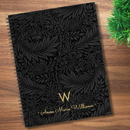 Elegante Gouden Monogram Naam Zwart Bloemmotief Notitieboek