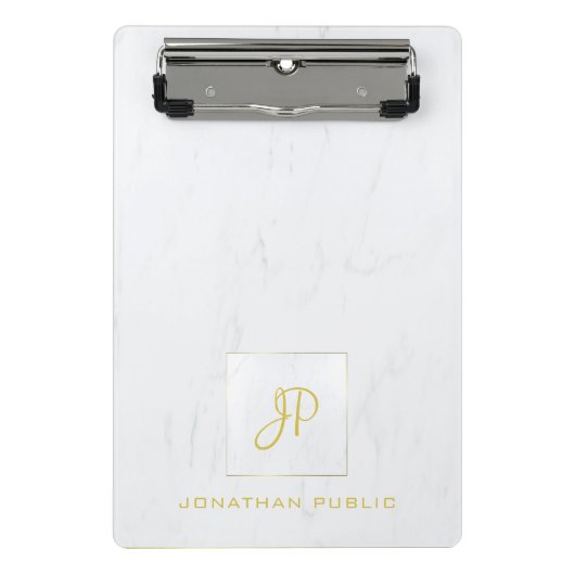 Elegante Gouden Monogram Professionele Witte Marme Mini Klembord (Voorkant)