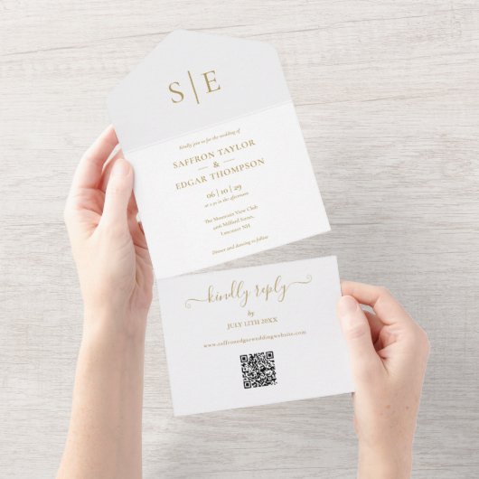 Elegante gouden monogram QR-code bruiloft All In One Uitnodiging (Afscheurbaar)