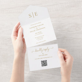 Elegante gouden monogram QR-code bruiloft All In One Uitnodiging