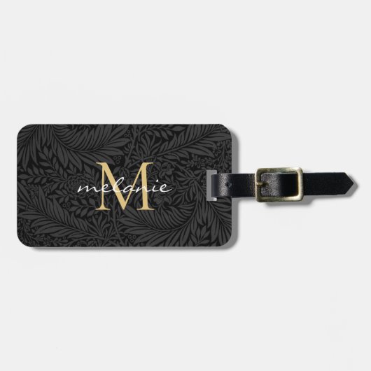 Elegante Gouden Monogram Script Naam Zwart Bloemmo Bagagelabel (Voorkant horizontaal)