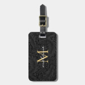 Elegante Gouden Monogram Script Naam Zwart Bloemmo Bagagelabel (Voorkant verticaal)
