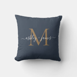Elegante Gouden Monogram Script Namen Trouwblauw Kussen