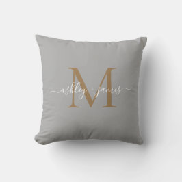 Elegante Gouden Monogram Script Namen Trouwgrijs Kussen