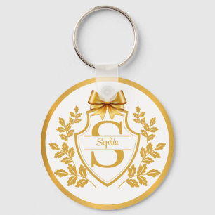 Elegante Gouden Monogram Wapenschild, Strik Persoo Sleutelhanger