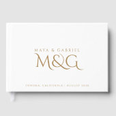 Elegante gouden monogram witte bruiloft inloggen gastenboek (Voorkant)
