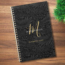 Elegante Gouden Monogram Zwarte Bloem 2026 Planner