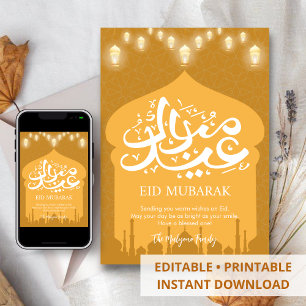 Elegante Gouden Moskee Silhouette Eid Mubarak Kaar Feestdagenkaart