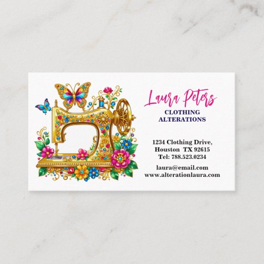 Elegante gouden naaimachine met bloemen vlinder visitekaartje (Voorkant)