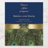 Elegante Gouden Navy Blauwe Pauwveren Bruiloft Wijn Etiket (Enkel label)