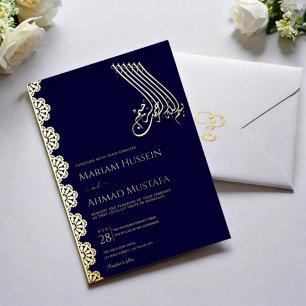 Elegante Gouden Navy Blauwe Sierlijke Islamitische Folie Uitnodiging