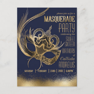 Elegante gouden Navy Masquerade Masker Sweet Sixte Uitnodiging Briefkaart