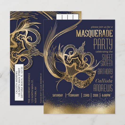 Elegante gouden Navy Masquerade Masker Sweet Sixte Uitnodiging Briefkaart (Voorkant / Achterkant)