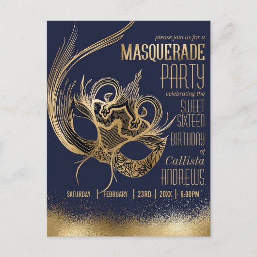 Elegante gouden Navy Masquerade Masker Sweet Sixte Uitnodiging Briefkaart (Voorkant)