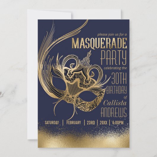 Elegante gouden Navy Masquerade Verjaardagsfeest Kaart (Voorkant)