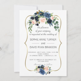 Elegante gouden navyblauwe bloesem bloemen bruilof kaart