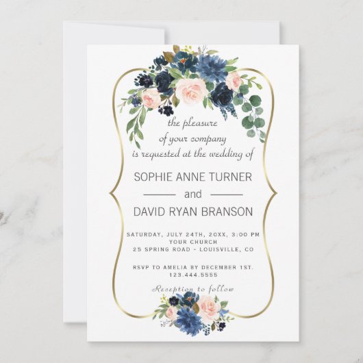 Elegante gouden navyblauwe bloesem bloemen bruilof kaart (Voorkant)