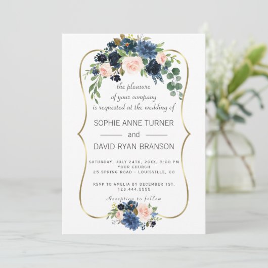 Elegante gouden navyblauwe bloesem bloemen bruilof kaart (Staand voorkant)