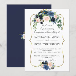 Elegante gouden navyblauwe bloesem bloemen bruilof kaart