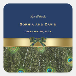 Elegante gouden navyblauwe pauwveren bruiloft vierkante sticker