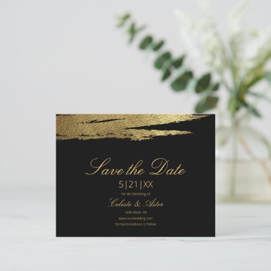 Elegante Gouden Nep Folie Borstel Zwarte Save the Save The Date (Staand voorkant)