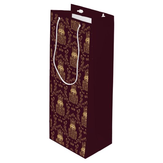 Elegante Gouden Notenkraker Kerst Damast Wijn Cadeautas (Voorkant Gekanteld)