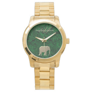 Elegante Gouden Olifant Smaragdgroene Monogram Horloge
