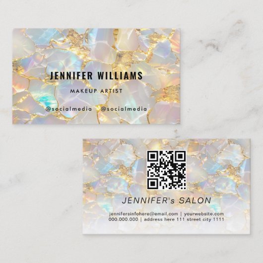 Elegante Gouden Opal Steen QR Code Schoonheidssalo Visitekaartje (Voorkant / Achterkant)