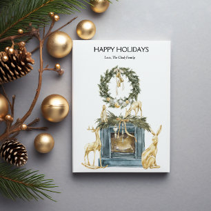 Elegante Gouden Openhaard Kerstkaarten Feestdagenkaart