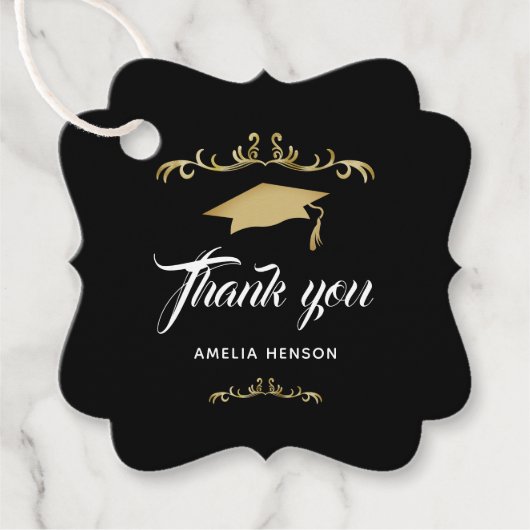 Elegante Gouden Ornament Afstudeerhoed Bedankjes Labels (Voorkant)