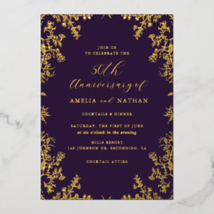 Elegante  Gouden Paarse 50ste Jubileum Partij Folie Uitnodiging