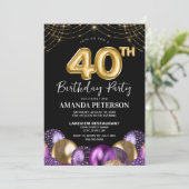 Elegante gouden Paarse ballonnen 40e verjaardagsfe Kaart (Staand voorkant)