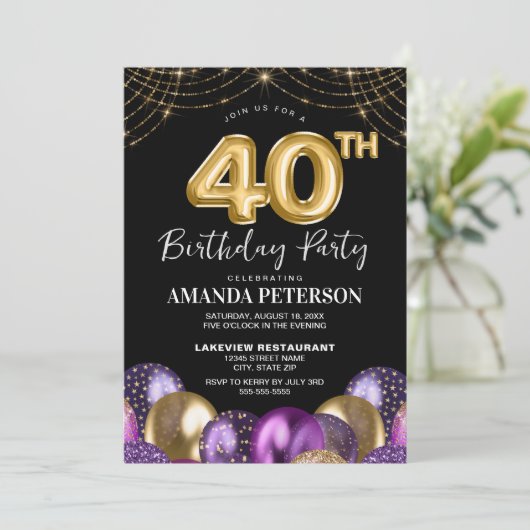 Elegante gouden Paarse ballonnen 40e verjaardagsfe Kaart (Staand voorkant)