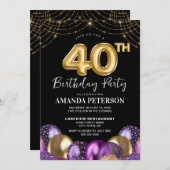 Elegante gouden Paarse ballonnen 40e verjaardagsfe Kaart (Voorkant / Achterkant)