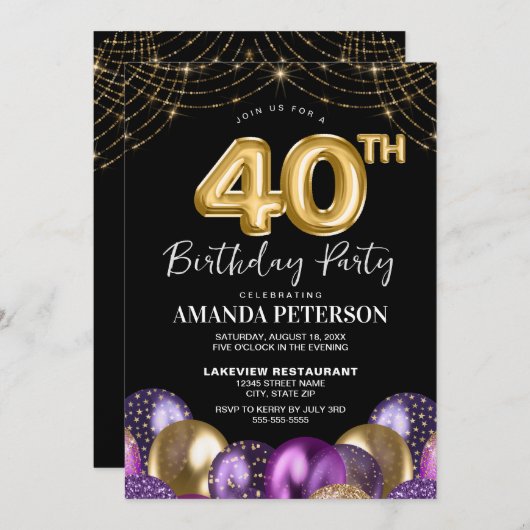 Elegante gouden Paarse ballonnen 40e verjaardagsfe Kaart (Voorkant / Achterkant)