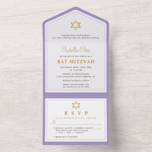Elegante Gouden Paarse Bat Mitzvah All In One Uitnodiging (Binnen)