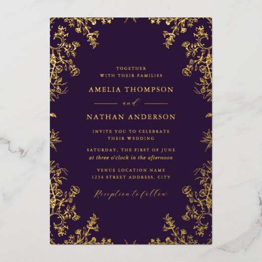 Elegante  gouden Paarse bruiloft Folie Uitnodiging (Voorkant)