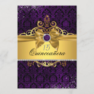 Elegante gouden paarse damast Quinceanera uitnodig Kaart